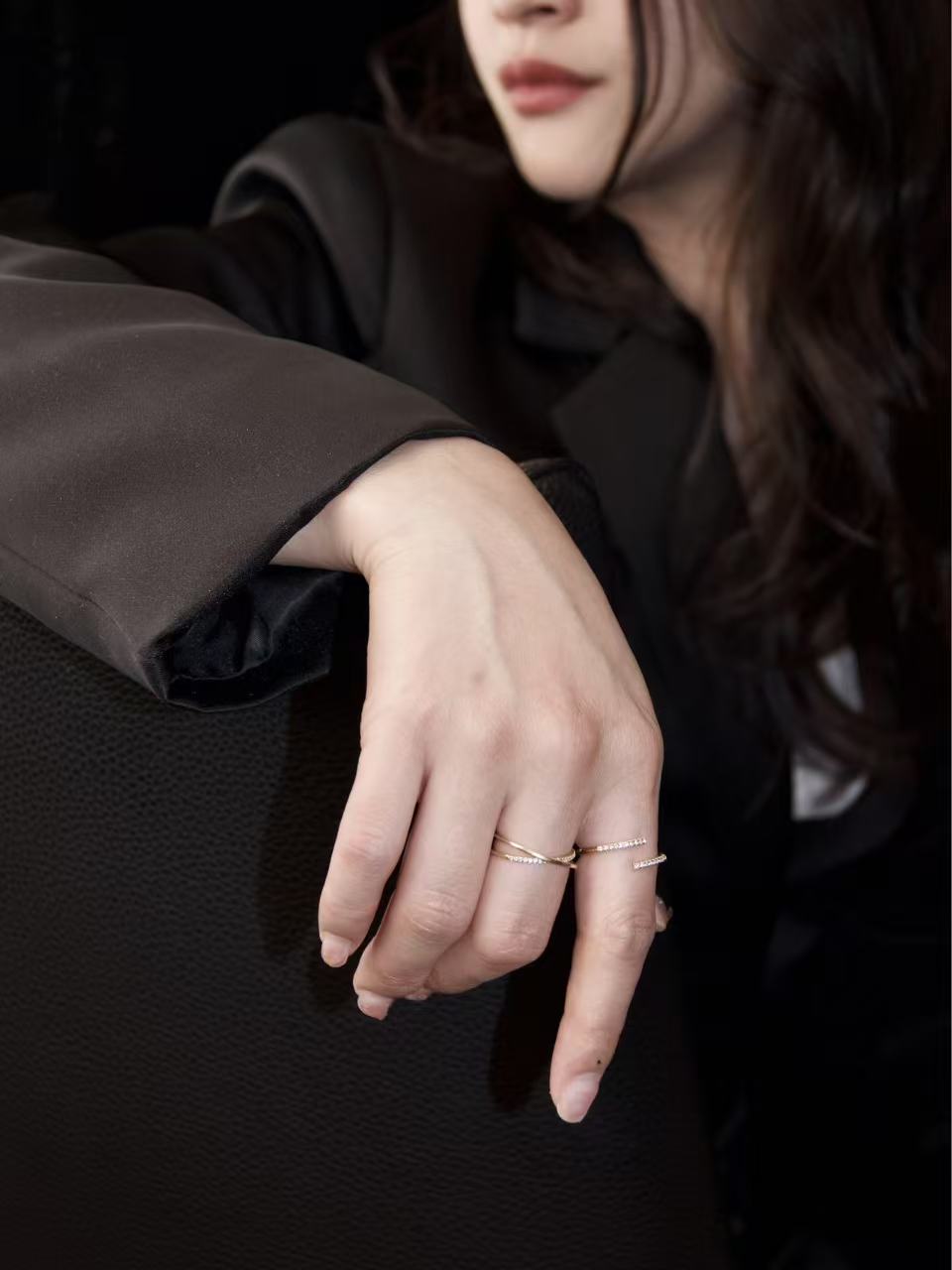 Lagom 鑽石雙舞 Diamond Duet 925純銀雙排鑽開口戒指-金